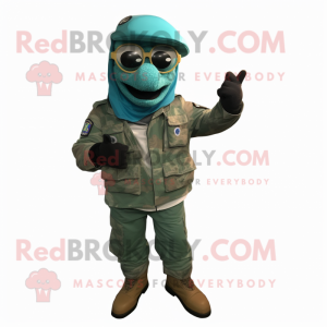 Turquoise Green Beret mascot costume character dressed with a Moto Jacket and Shoe laces