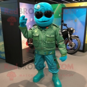 Turquoise Green Beret mascot costume character dressed with a Moto Jacket and Shoe laces