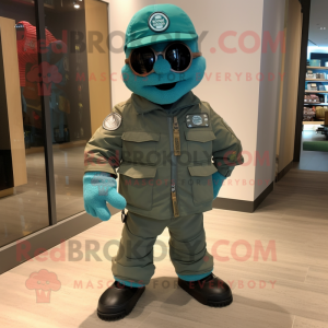Turquoise Green Beret mascot costume character dressed with a Moto Jacket and Shoe laces