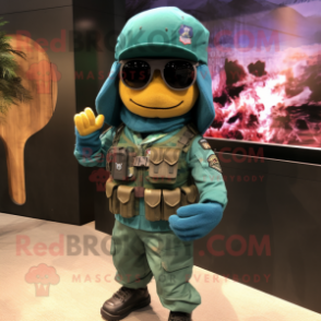 Turquoise Green Beret mascot costume character dressed with a Moto Jacket and Shoe laces