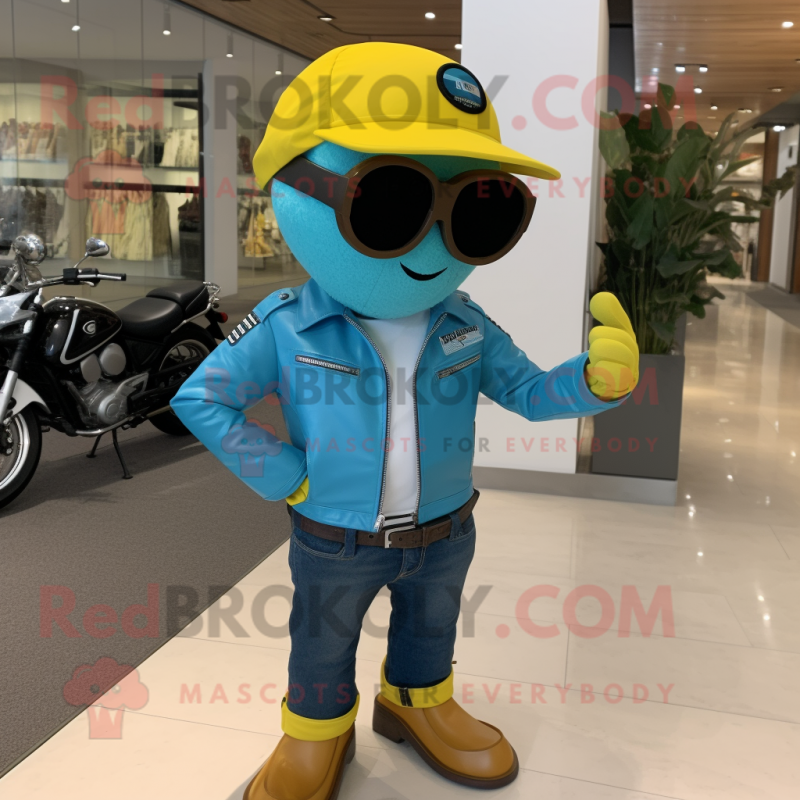 Turquoise Lemon mascot costume character dressed with a Biker Jacket and Sunglasses Turquoise Lemon mascot costume character dressed with a Biker Jacket and Sunglasses