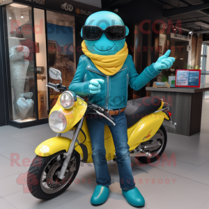 Turquoise Lemon mascot costume character dressed with a Biker Jacket and Sunglasses
