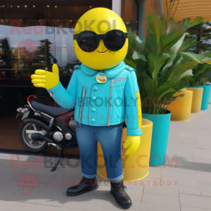 Turquoise Lemon mascot costume character dressed with a Biker Jacket and Sunglasses