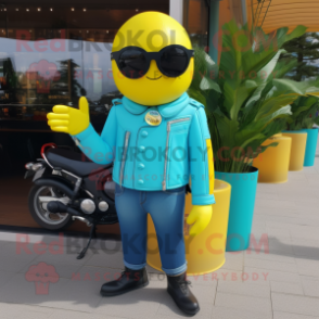 Turquoise Lemon mascot costume character dressed with a Biker Jacket and Sunglasses