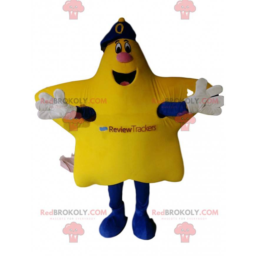 Velmi šťastný maskot žluté hvězdy s modrou čepicí. -