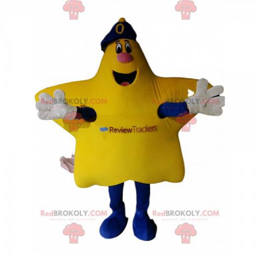 Mascota estrella amarilla muy feliz con una gorra azul. -