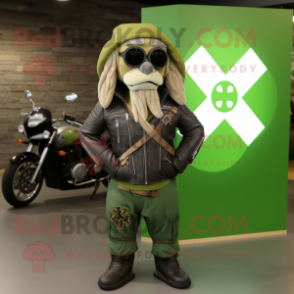 Olive Celtic Cross mascot costume character dressed with a Biker Jacket and Headbands