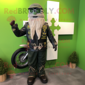 Olive Celtic Cross mascot costume character dressed with a Biker Jacket and Headbands