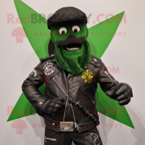 Olive Celtic Cross mascot costume character dressed with a Biker Jacket and Headbands