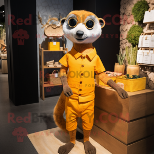 Orange Meerkat mascot costume character dressed with a Romper and Clutch bags
