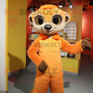 Orange Meerkat mascot costume character dressed with a Romper and Clutch bags