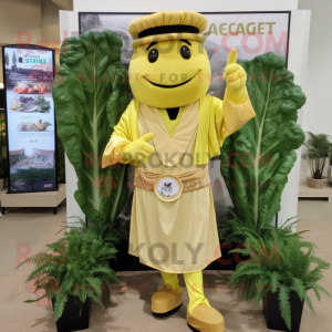 Gold Caesar Salad mascot costume character dressed with a Culottes and Tie pins