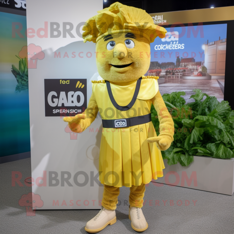 Gold Caesar Salad mascot costume character dressed with a Culottes and Tie pins