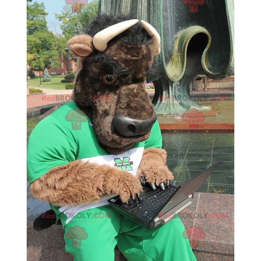 Brown bull mascot and black buffalo in green outfit -