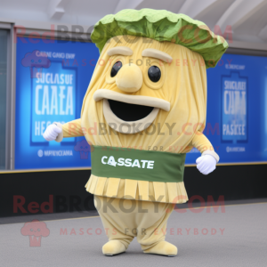 Gold Caesar Salad mascot costume character dressed with a Culottes and Tie pins