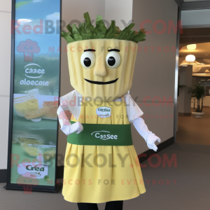 Gold Caesar Salad mascot costume character dressed with a Culottes and Tie pins