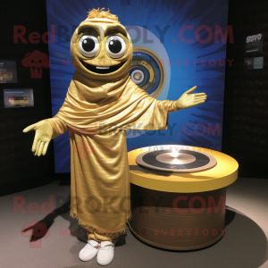 Gold Plate Spinner mascot costume character dressed with a Cardigan and Wraps