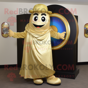 Gold Plate Spinner mascot costume character dressed with a Cardigan and Wraps