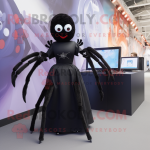 Black Spider mascot costume character dressed with a Empire Waist Dress and Smartwatches