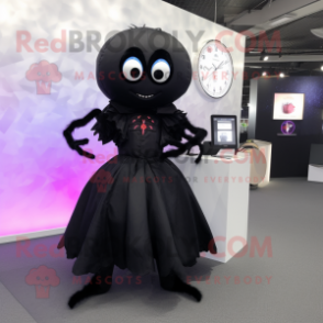 Black Spider mascot costume character dressed with a Empire Waist Dress and Smartwatches