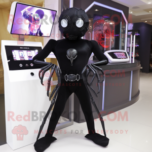 Black Spider mascot costume character dressed with a Empire Waist Dress and Smartwatches