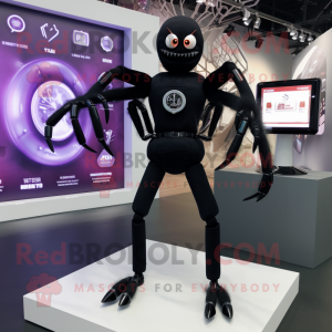 Black Spider mascot costume character dressed with a Empire Waist Dress and Smartwatches