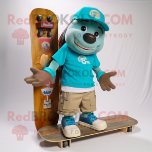 Cyan Skateboard mascot costume character dressed with a Cargo Shorts and Bracelets