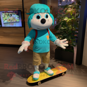 Cyan Skateboard mascot costume character dressed with a Cargo Shorts and Bracelets