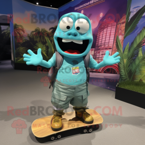 Cyan Skateboard mascot costume character dressed with a Cargo Shorts and Bracelets