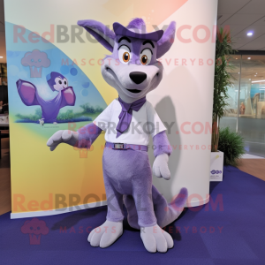 Lavender Dingo mascot costume character dressed with a Dress Pants and Brooches