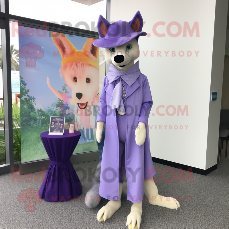 Lavender Dingo mascot costume character dressed with a Dress Pants and Brooches