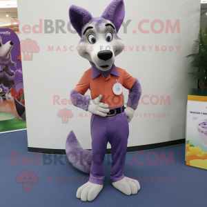 Lavender Dingo mascot costume character dressed with a Dress Pants and Brooches