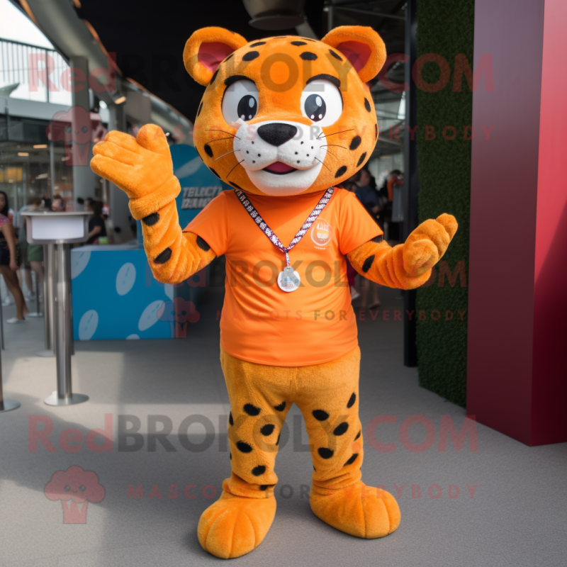 Orange Leopard mascot costume character dressed with a Polo Tee and Keychains