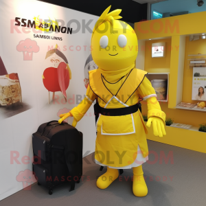 Lemon Yellow Samurai mascot costume character dressed with a Trousers and Briefcases