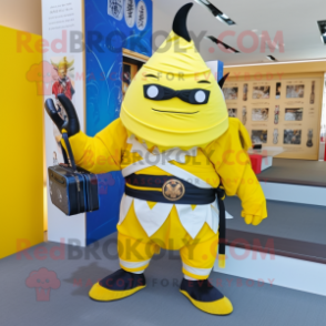 Lemon Yellow Samurai mascot costume character dressed with a Trousers and Briefcases