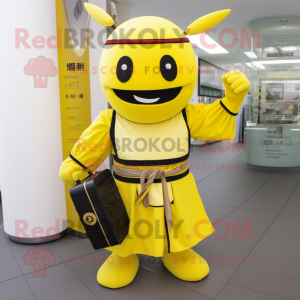 Lemon Yellow Samurai mascot costume character dressed with a Trousers and Briefcases