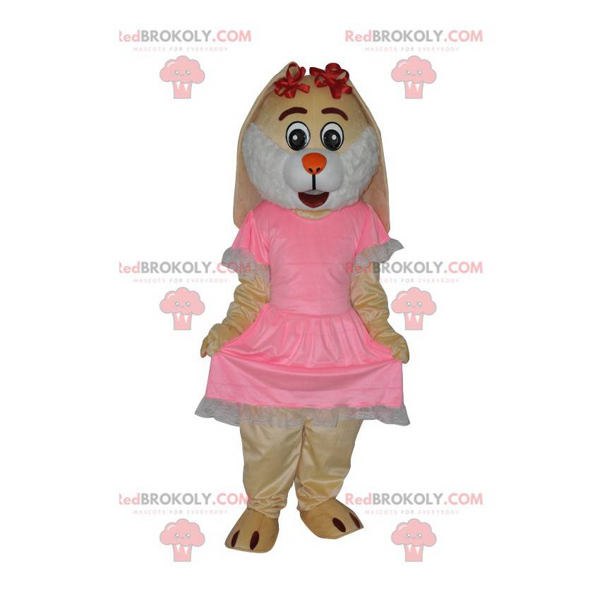 Crème konijn mascotte met een mooie roze jurk - Redbrokoly.com