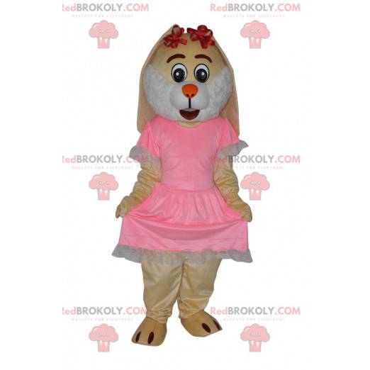 Gräddkaninmaskot med en vacker rosa klänning - Redbrokoly.com