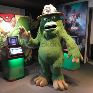 Green Sasquatch mascot costume character dressed with a Capri Pants and Hat pins