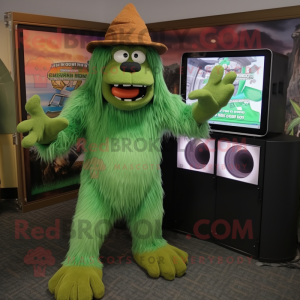 Green Sasquatch mascot costume character dressed with a Capri Pants and Hat pins