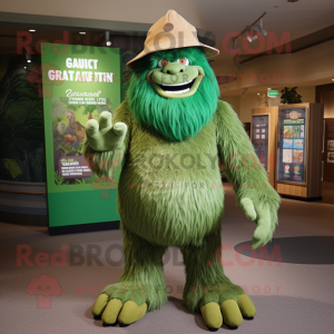 Green Sasquatch mascot costume character dressed with a Capri Pants and Hat pins