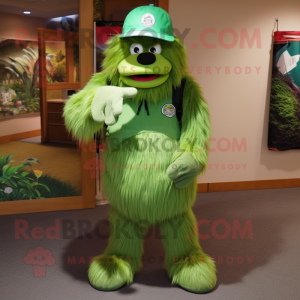 Green Sasquatch mascot costume character dressed with a Capri Pants and Hat pins