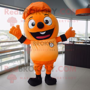 Orange Steak mascot costume character dressed with a Jeggings and Gloves