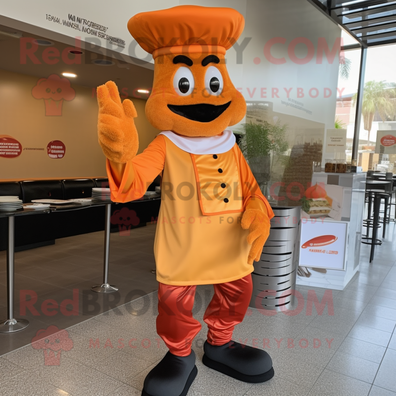 Orange Steak mascot costume character dressed with a Jeggings and Gloves