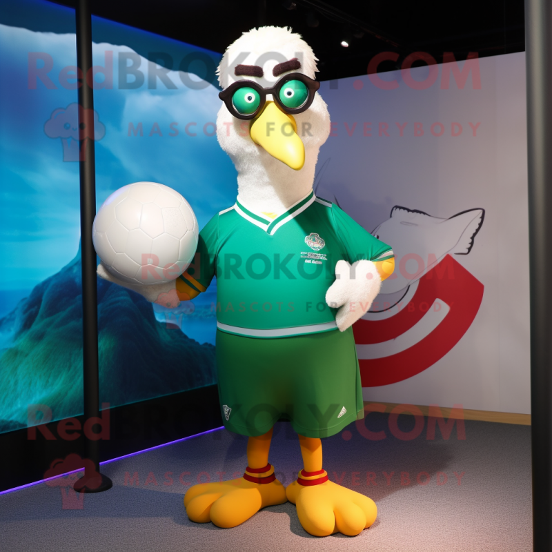 Green Gull mascot costume character dressed with a Rugby Shirt and Eyeglasses Green Gull mascot costume character dressed with a Rugby Shirt and Eyeglasses