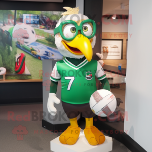 Green Gull mascot costume character dressed with a Rugby Shirt and Eyeglasses
