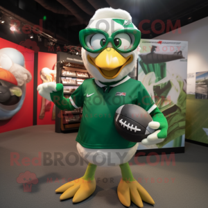 Green Gull mascot costume character dressed with a Rugby Shirt and Eyeglasses