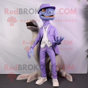 Lavender Velociraptor mascot costume character dressed with a Suit Jacket and Shoe clips