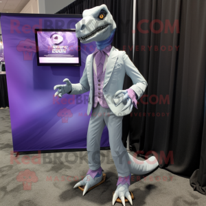 Lavender Velociraptor mascot costume character dressed with a Suit Jacket and Shoe clips