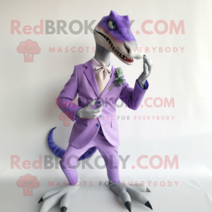 Lavender Velociraptor mascot costume character dressed with a Suit Jacket and Shoe clips